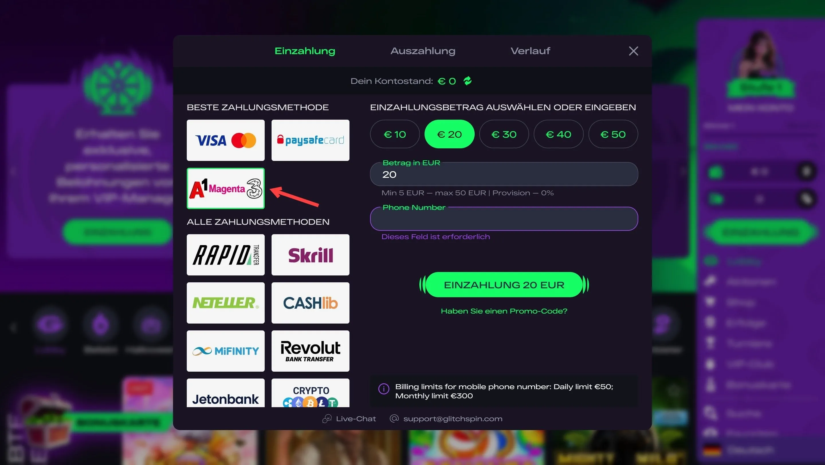 Glitchspin mit Handyrechnung